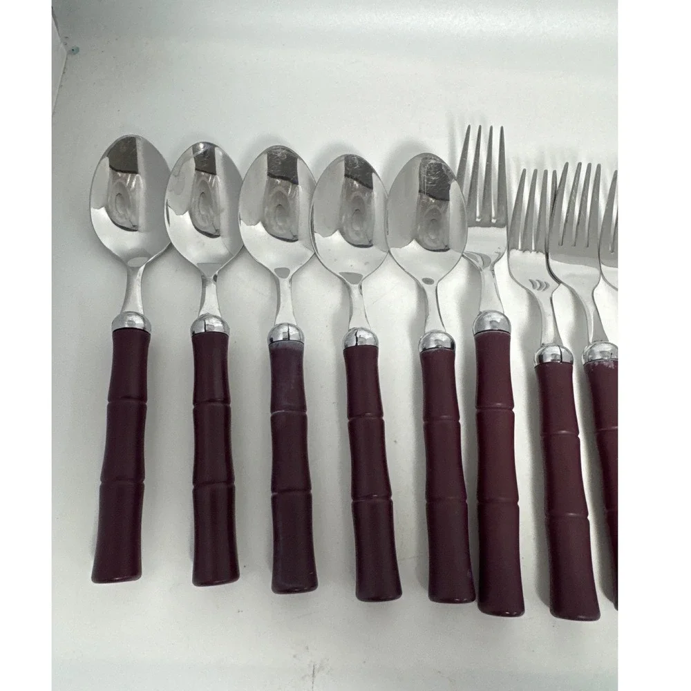 Hampton Silversmiths Flatware 13pc Set Burgundy Faux Bamboo Stainless Steel